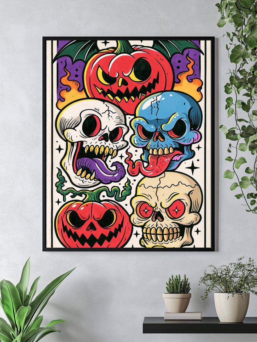 Halloween Skull Pumpkins Illustration Poster. — room view 4