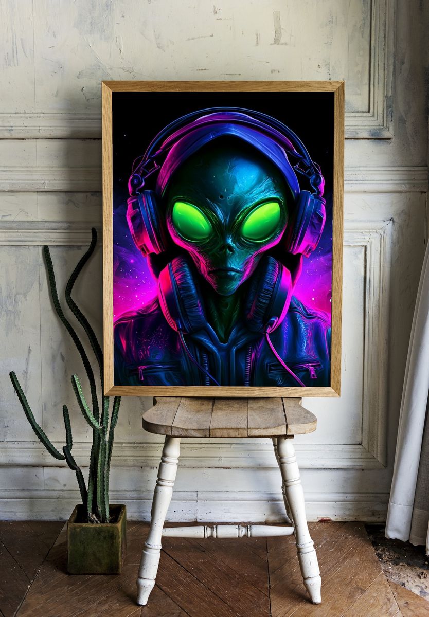 Neon Alien DJ Illustration Poster. room preview