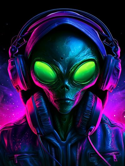 Neon Alien DJ Illustration Poster.