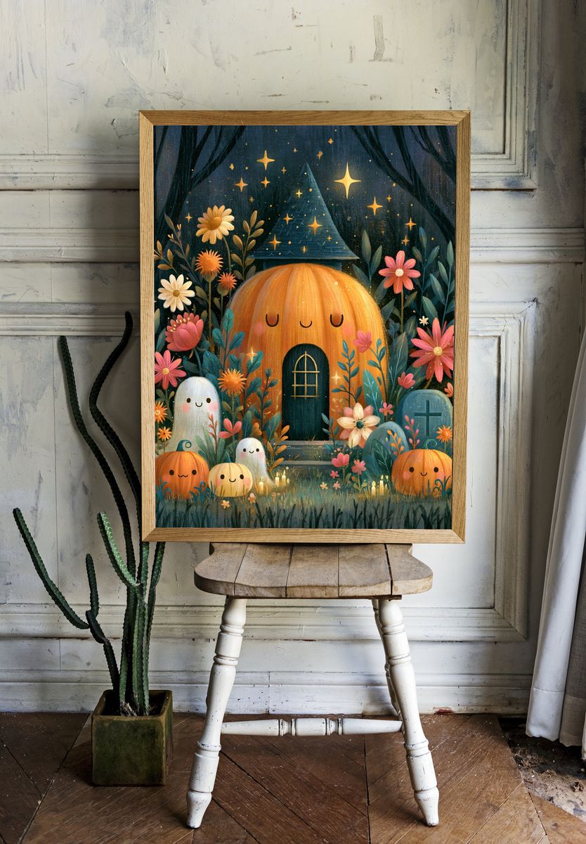 Whimsical Pumpkin Cottage Print. — room view 1