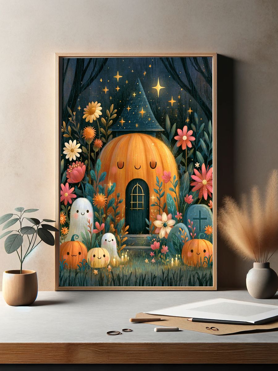 Whimsical Pumpkin Cottage Print. — room view 2
