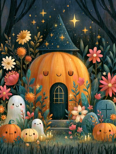 Whimsical Pumpkin Cottage Print.