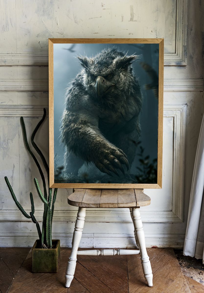 Grim Owl Beast Illustration Poster. — room view 1