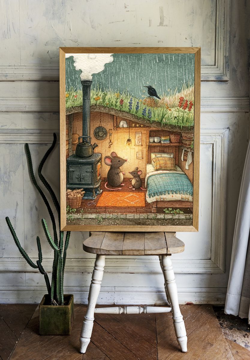 Cozy Mouse Burrow Watercolor Print. — room view 1