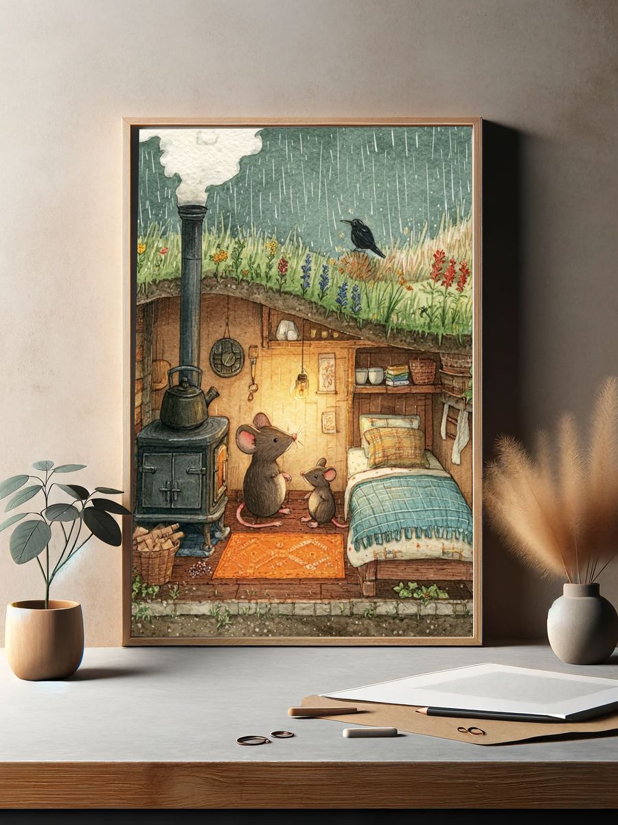 Cozy Mouse Burrow Watercolor Print. — room view 2