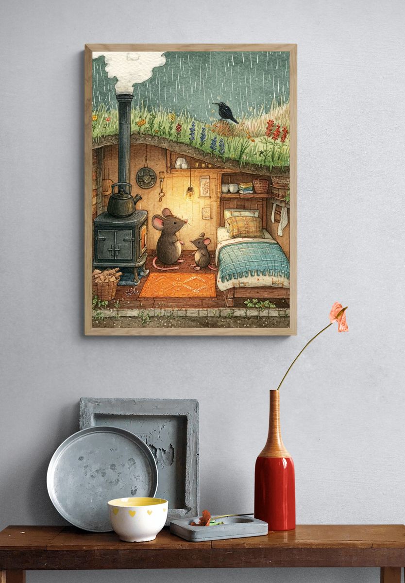 Cozy Mouse Burrow Watercolor Print. — room view 3
