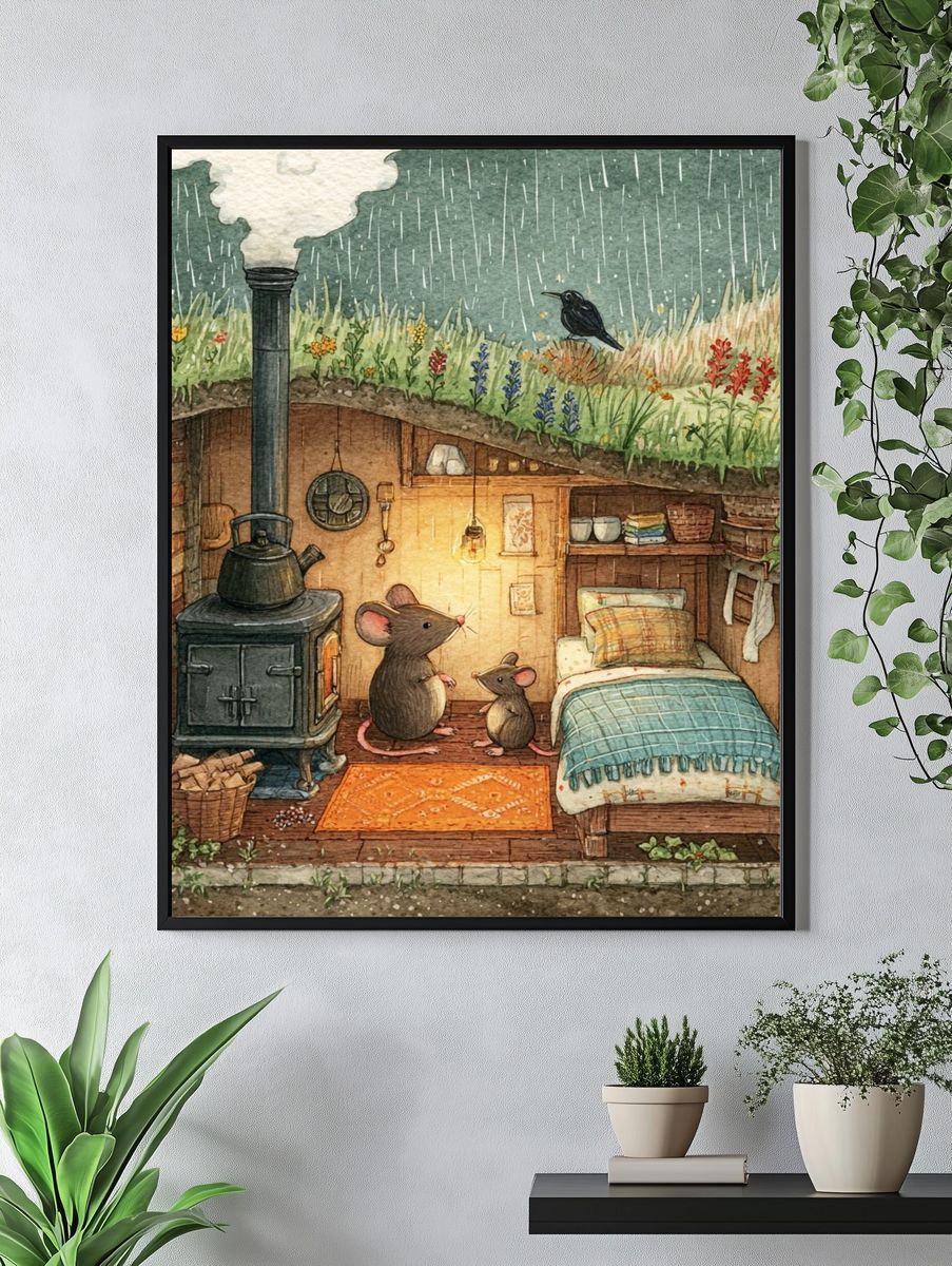 Cozy Mouse Burrow Watercolor Print. — room view 4