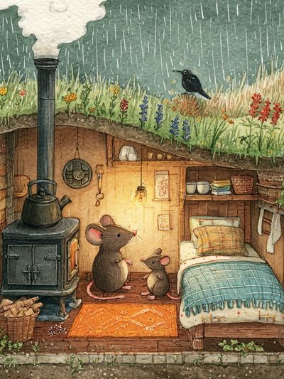 Cozy Mouse Burrow Watercolor Print. poster