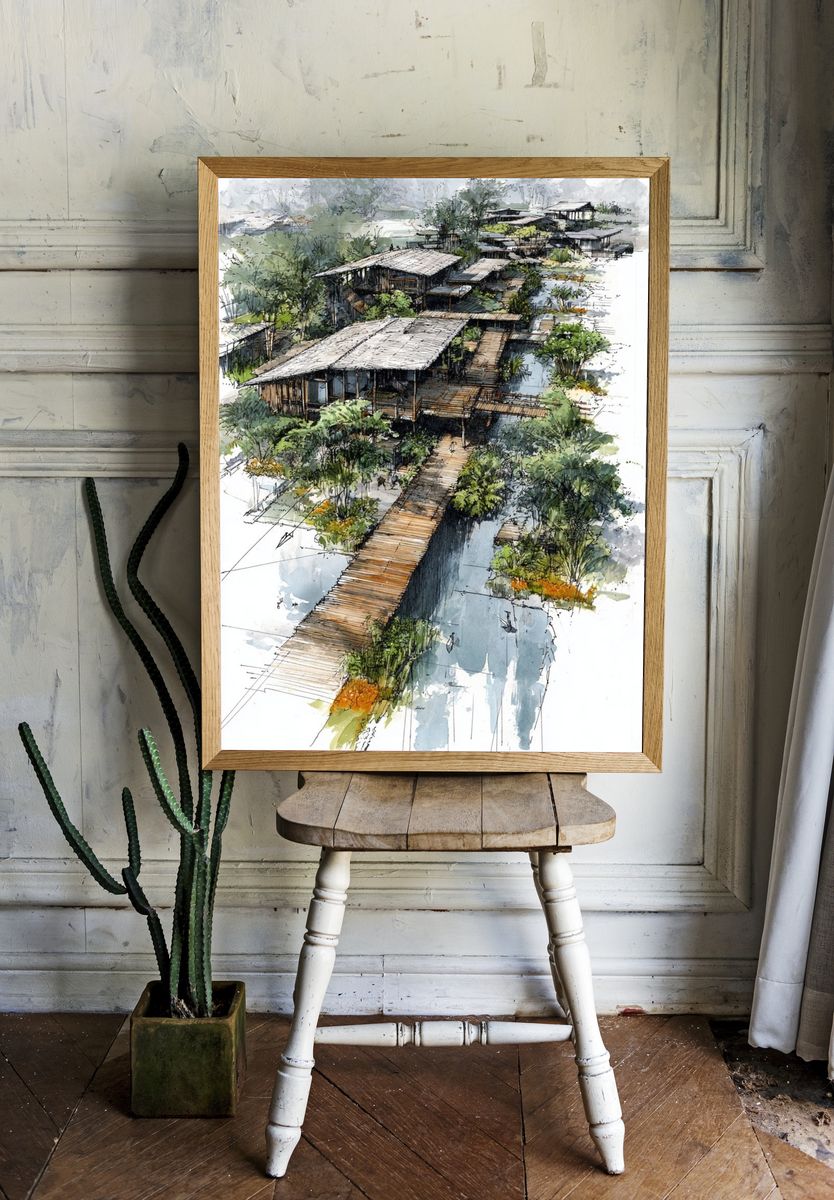 Tropical Boardwalk Watercolor Print. — room view 1