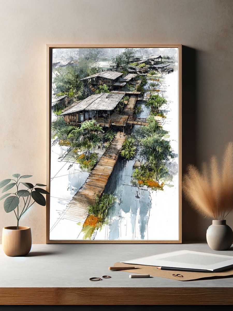 Tropical Boardwalk Watercolor Print. — room view 2