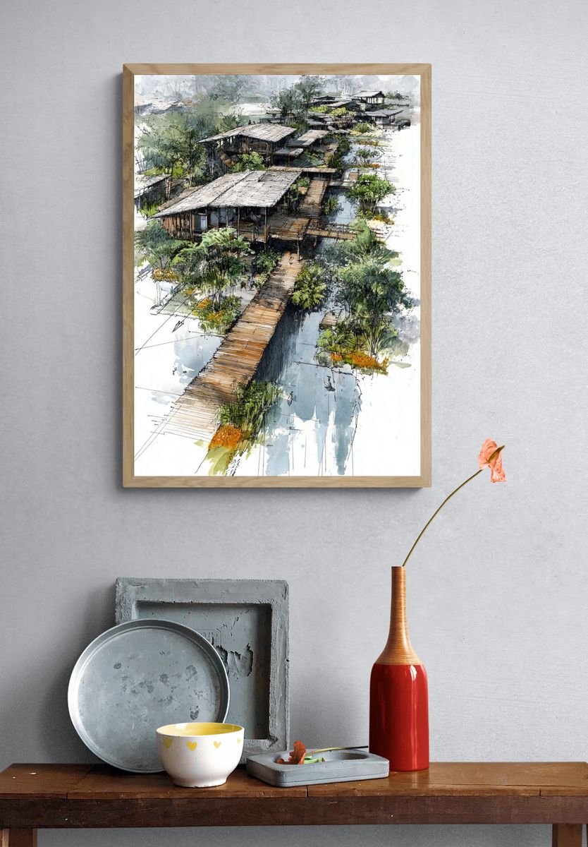 Tropical Boardwalk Watercolor Print. — room view 3