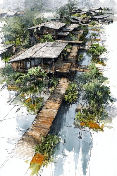 Tropical Boardwalk Watercolor Print. poster print