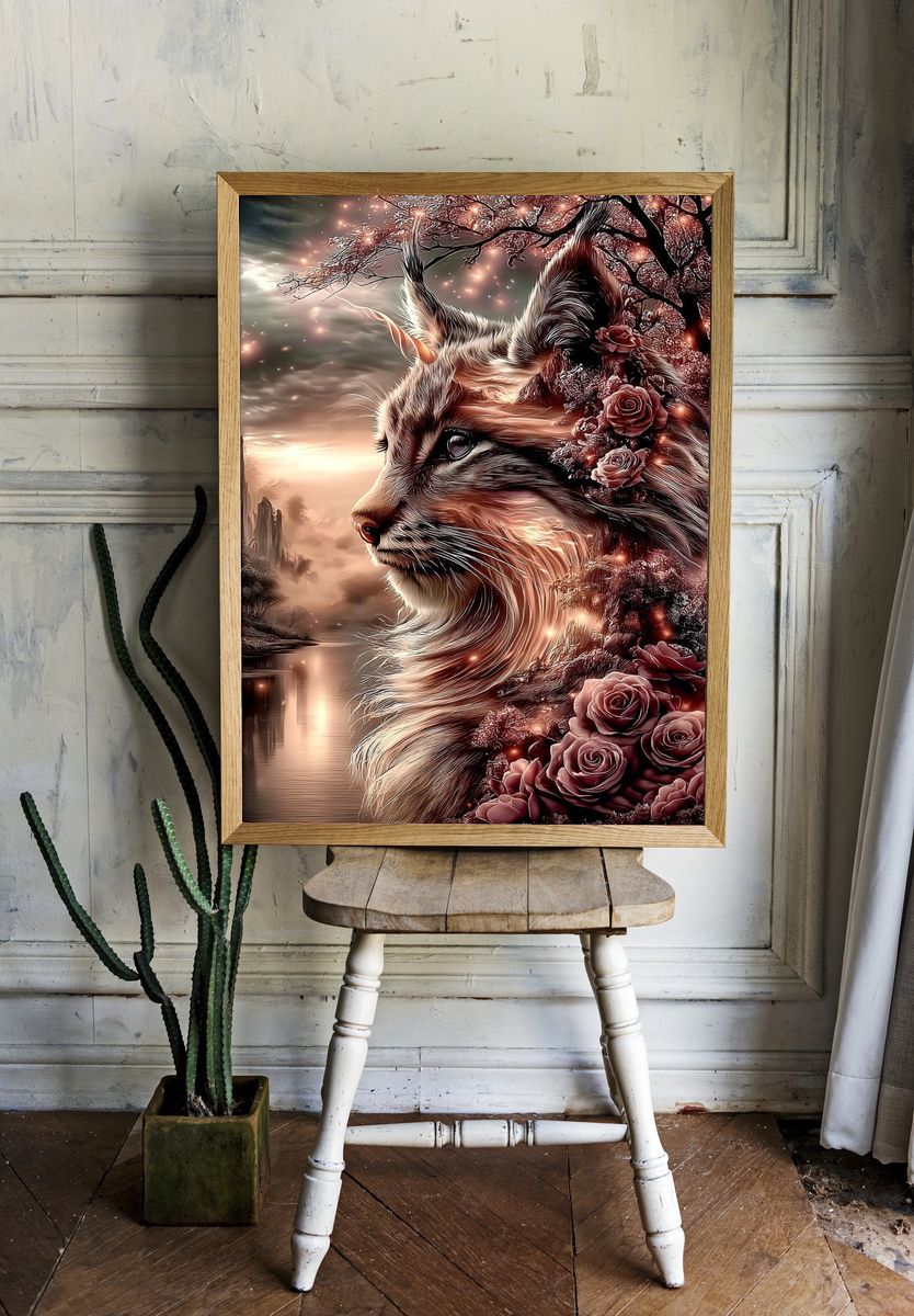 Mystic Cat and Roses Illustration Poster. room preview