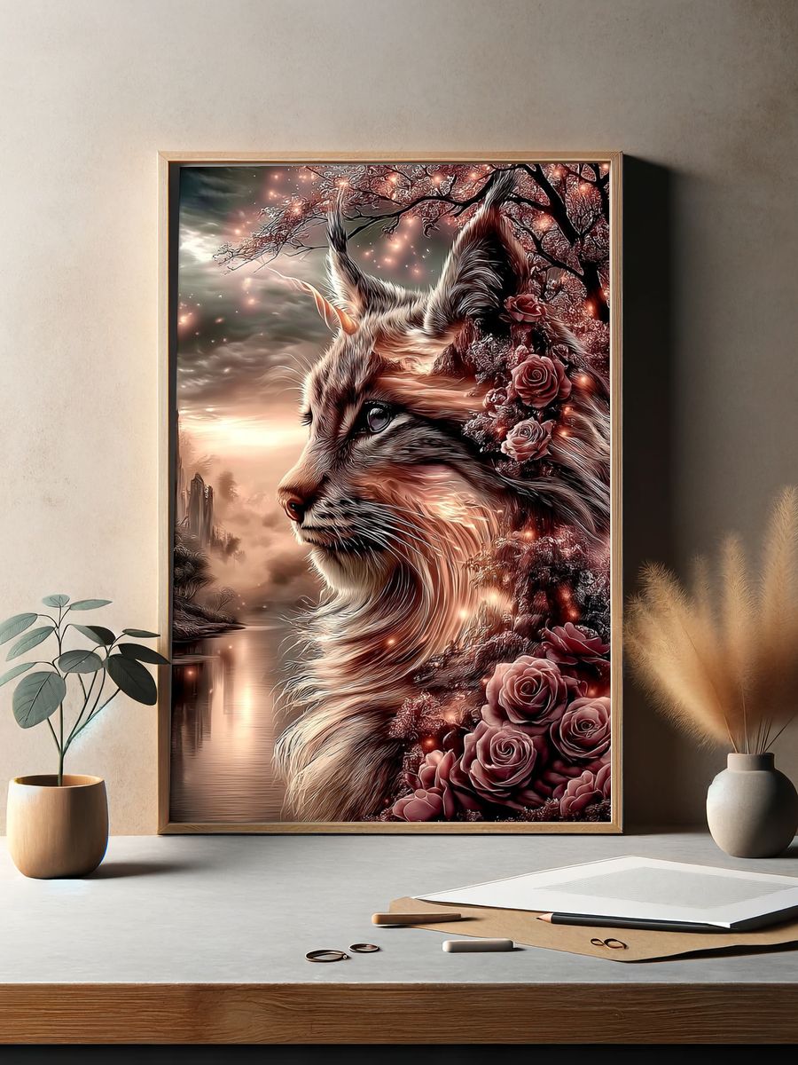 Mystic Cat and Roses Illustration Poster. — room view 2