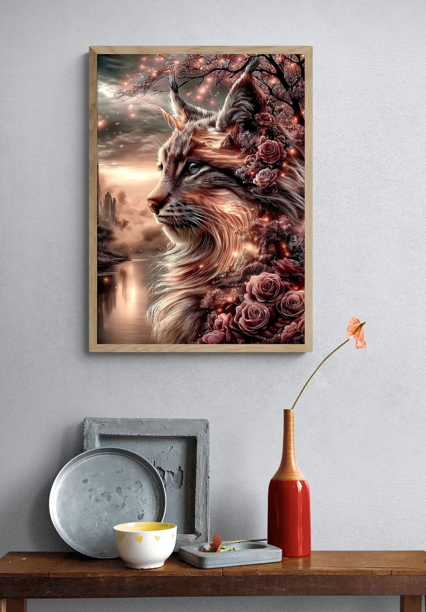 Mystic Cat and Roses Illustration Poster. — room view 3