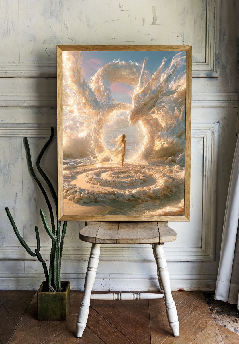 Dragon and Woman Fantasy Print. room preview