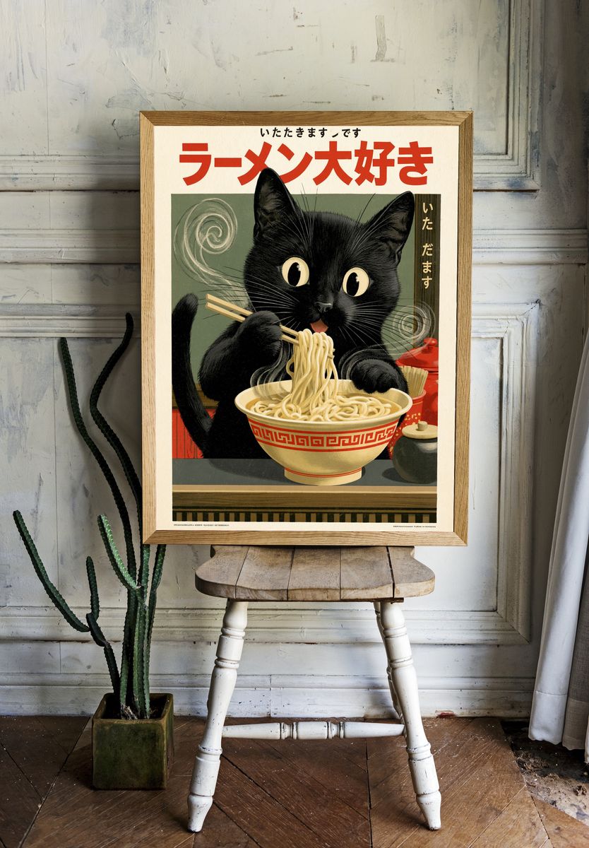 Black Cat Ramen — Vintage Print. — room view 1