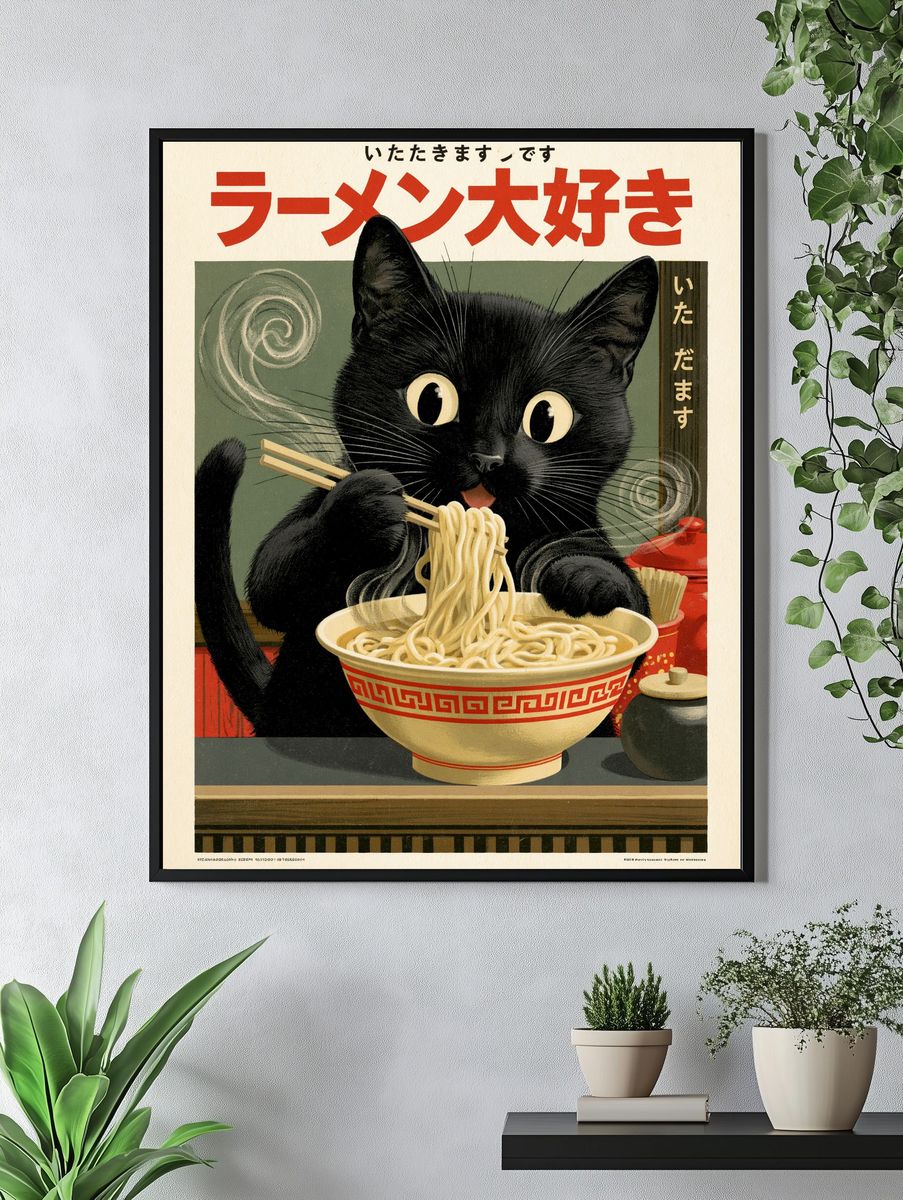 Black Cat Ramen — Vintage Print. — room view 4