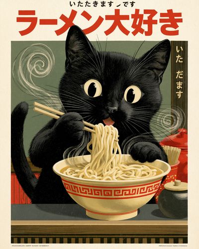 Black Cat Ramen — Vintage Print. poster