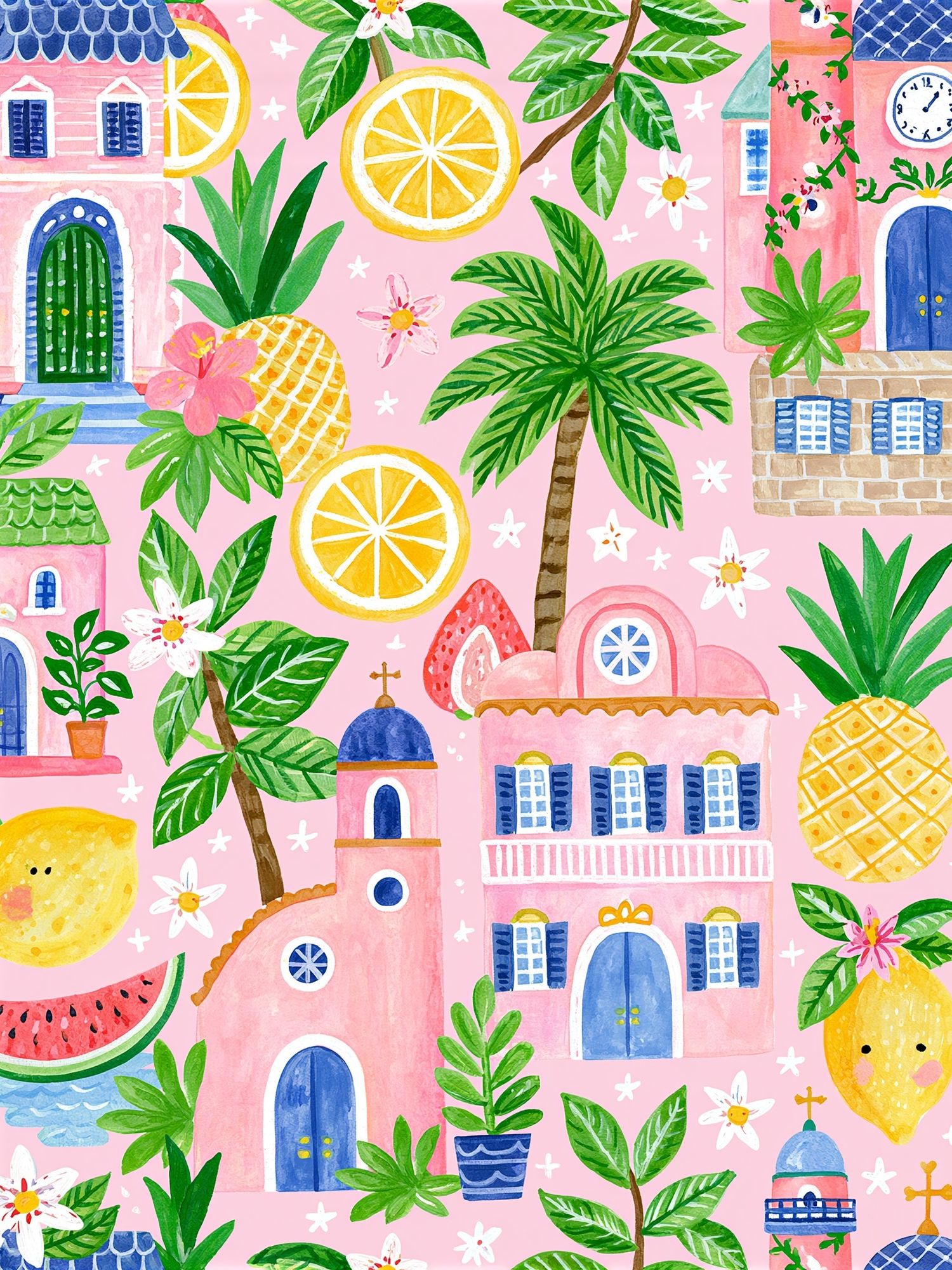 Tropical Village Watercolor Print. poster — illustration art