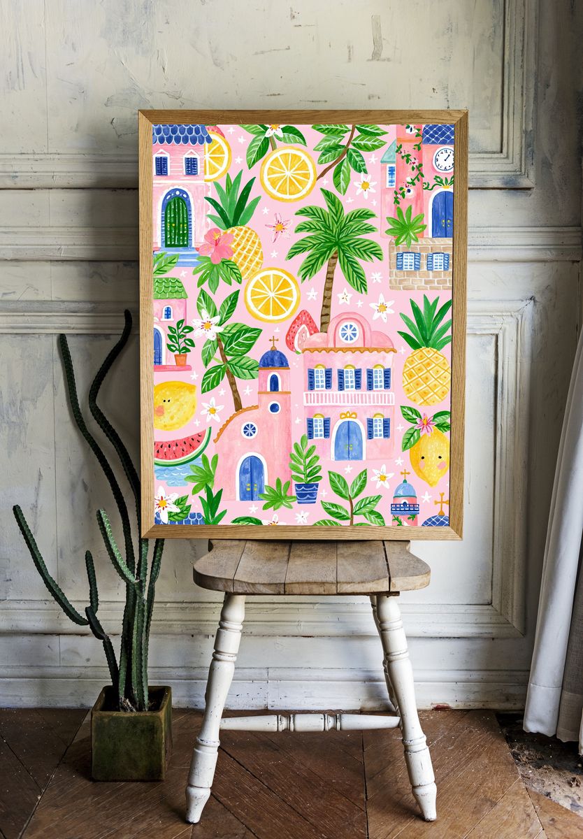 Tropical Village Watercolor Print. room preview