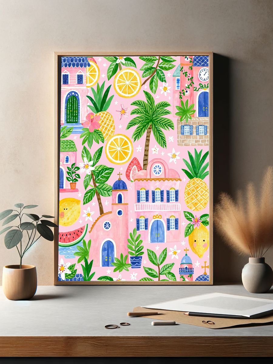 Tropical Village Watercolor Print. — room view 2
