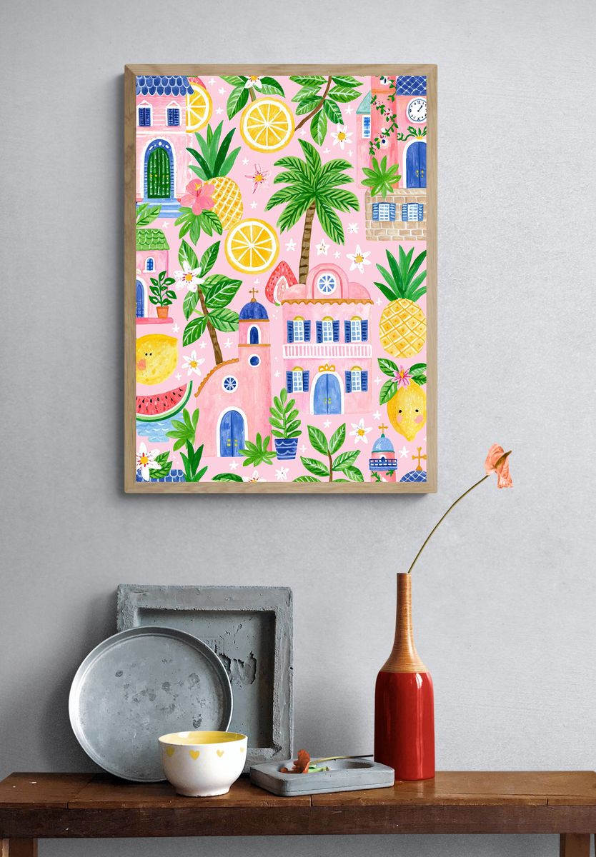 Tropical Village Watercolor Print. — room view 3