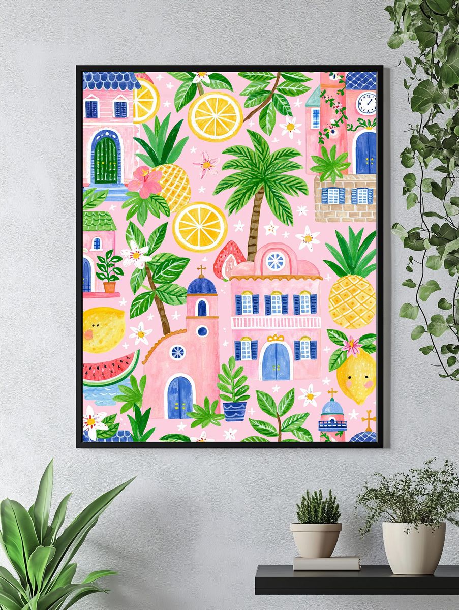 Tropical Village Watercolor Print. — room view 4