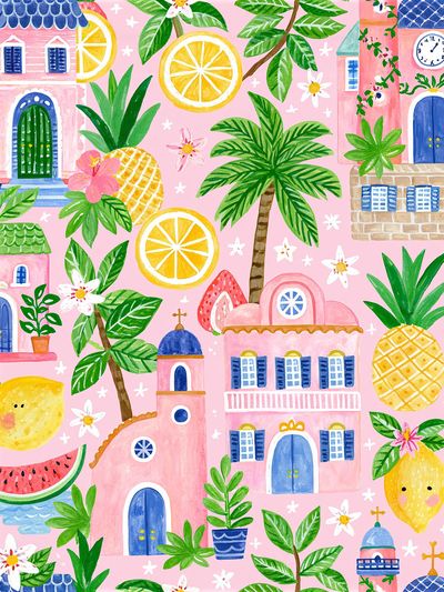Tropical Village Watercolor Print.