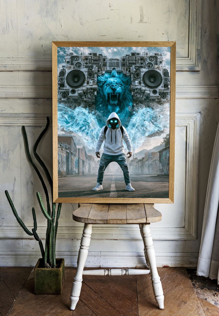 Cyber Lion Street Art Poster. room preview