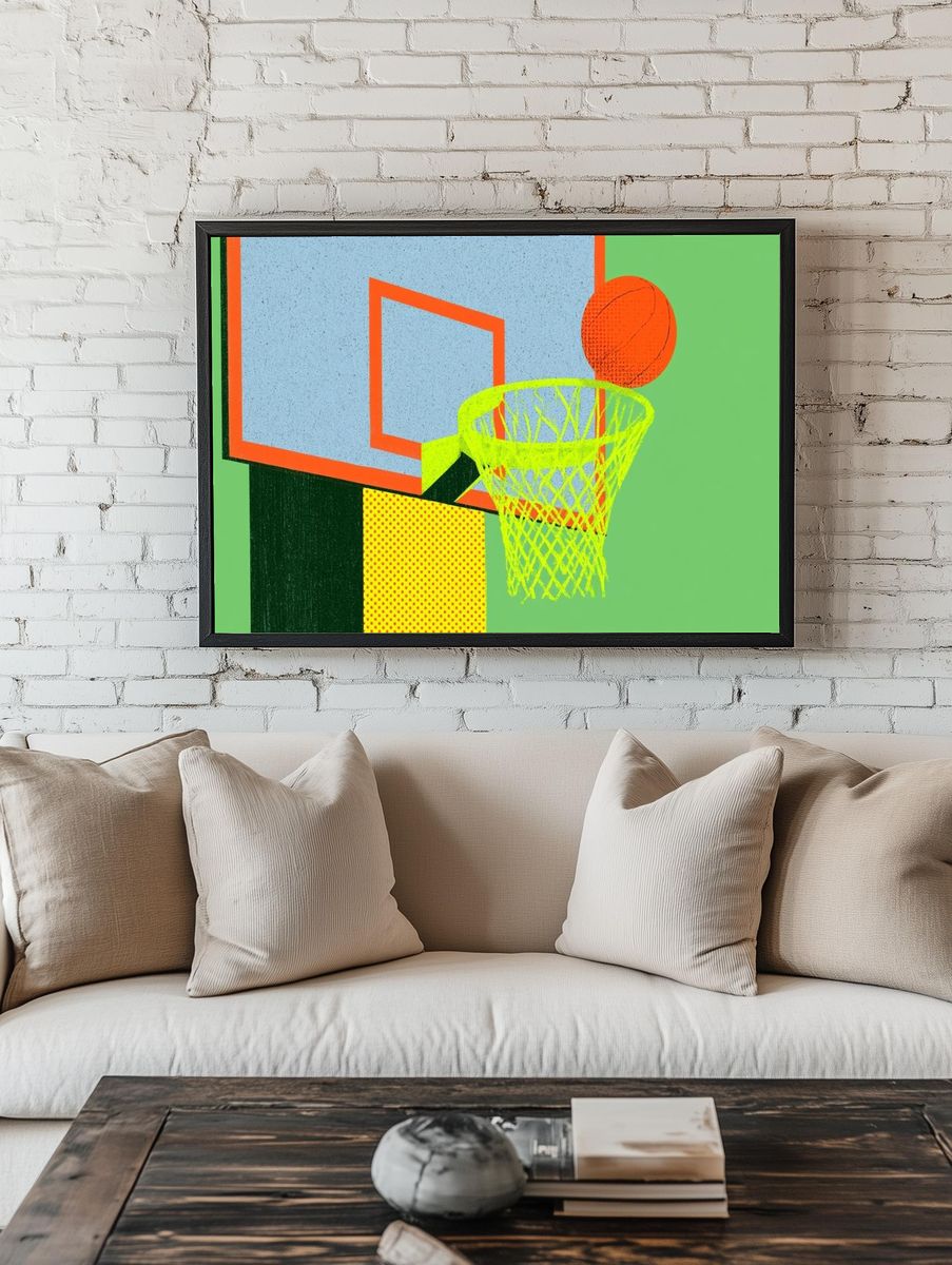 Neon Basketball Hoop Illustration Poster. — room view 1
