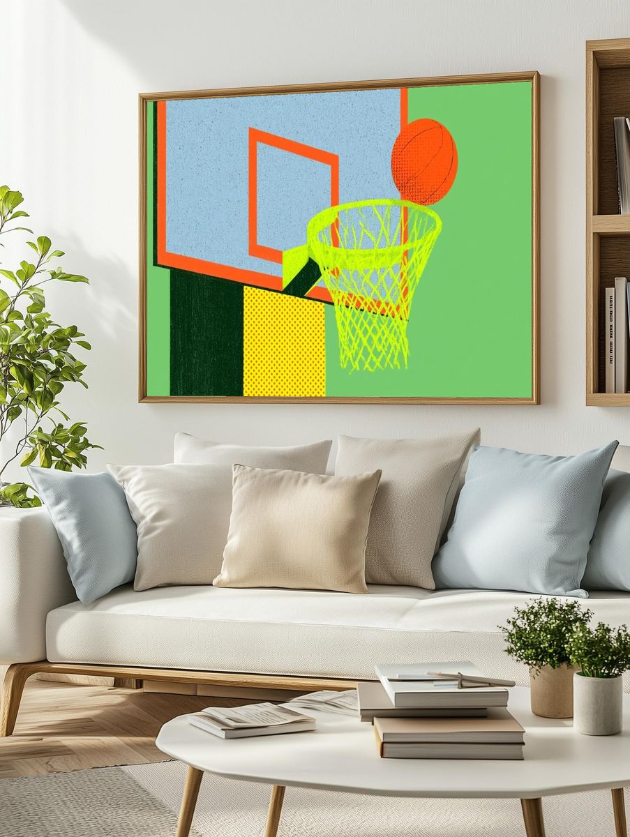 Neon Basketball Hoop Illustration Poster. — room view 2