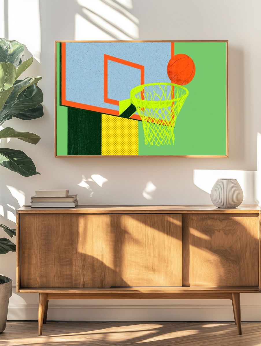 Neon Basketball Hoop Illustration Poster. — room view 3