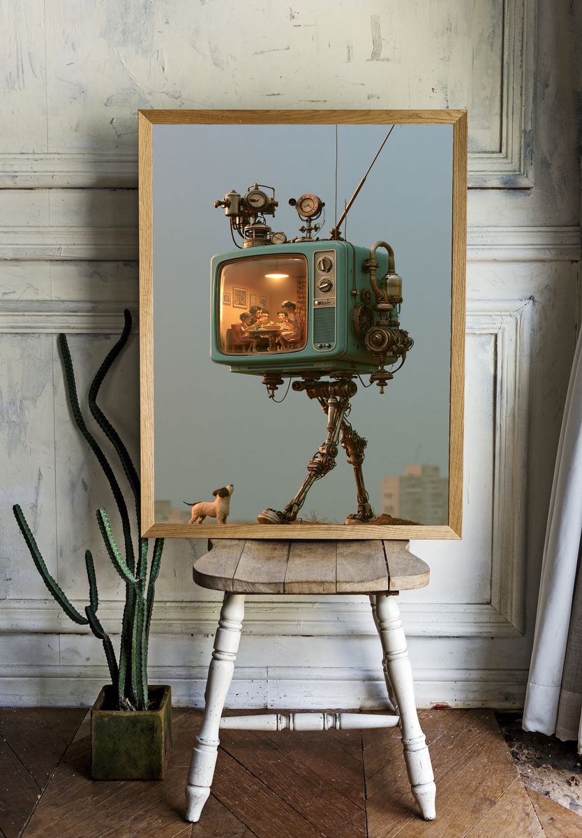 Retro TV Robot Illustration Print. room preview
