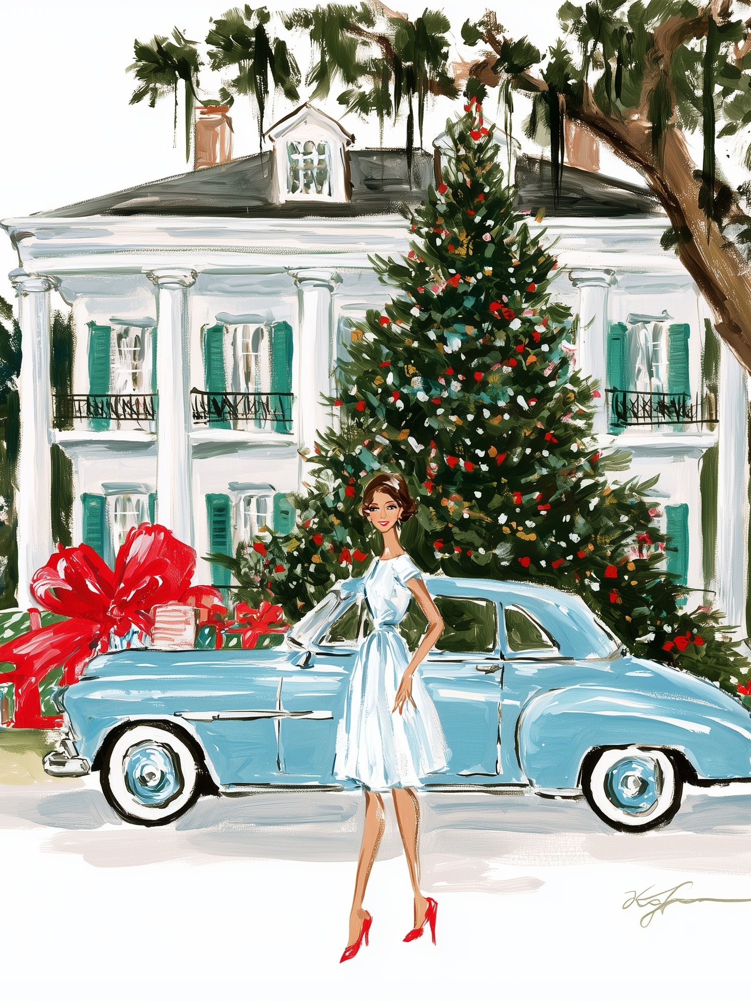 Holiday House and Classic Car Print. poster detail