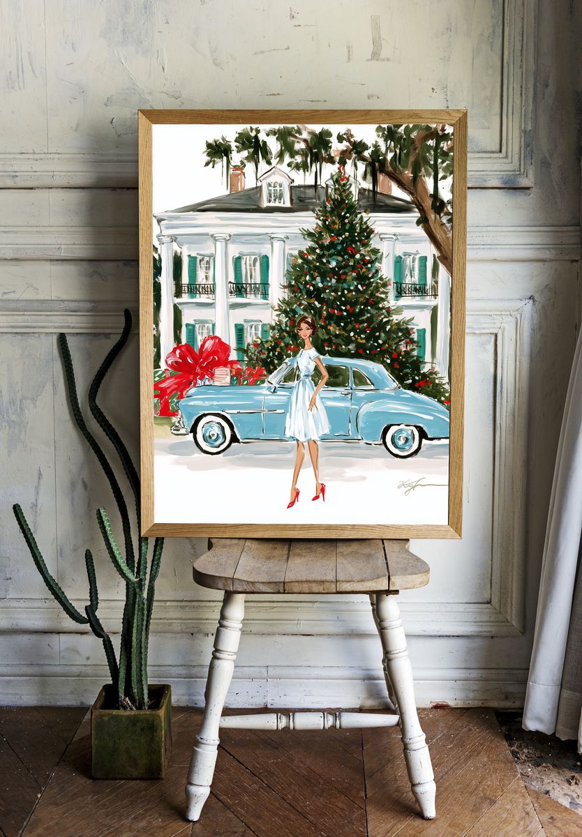 Holiday House and Classic Car Print. room preview