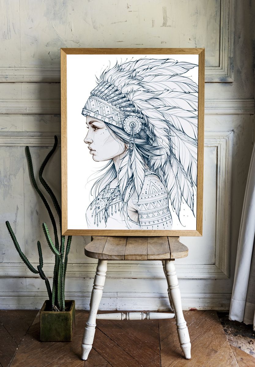 Native Feather Portrait Illustration Poster. — room view 1
