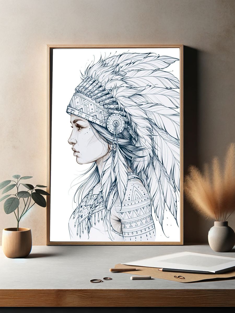 Native Feather Portrait Illustration Poster. — room view 2