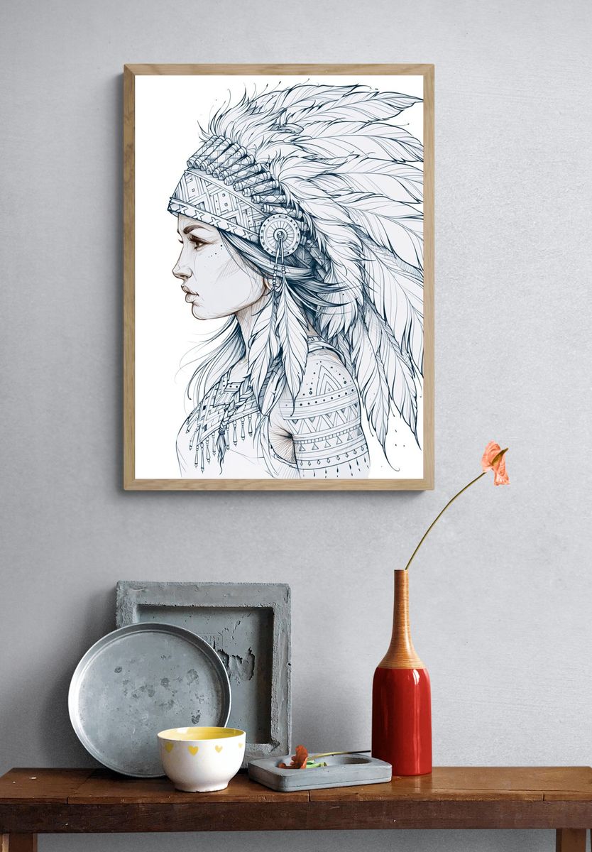 Native Feather Portrait Illustration Poster. — room view 3