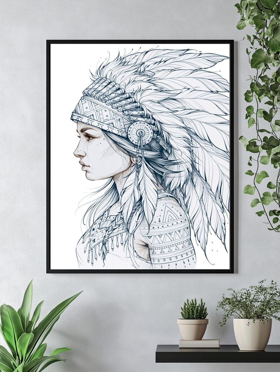 Native Feather Portrait Illustration Poster. — room view 4
