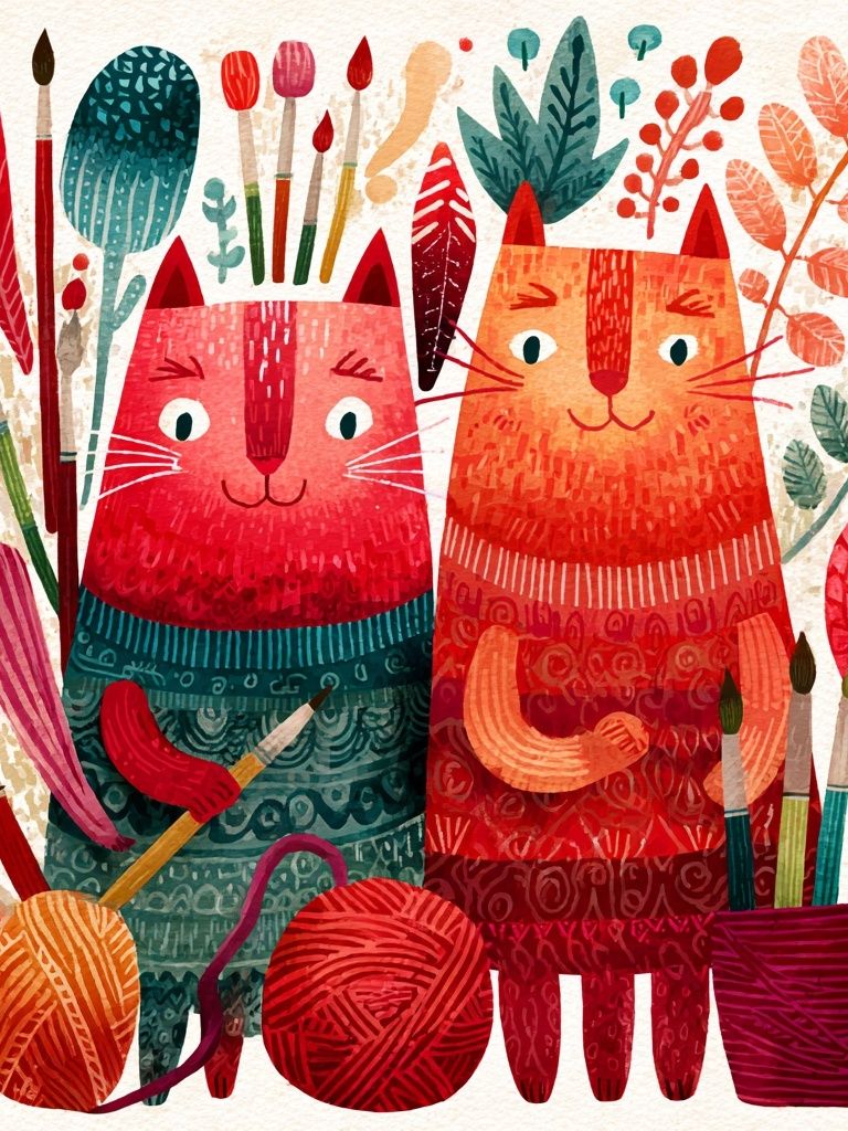 Playful Cats Botanical Illustration Poster. poster detail
