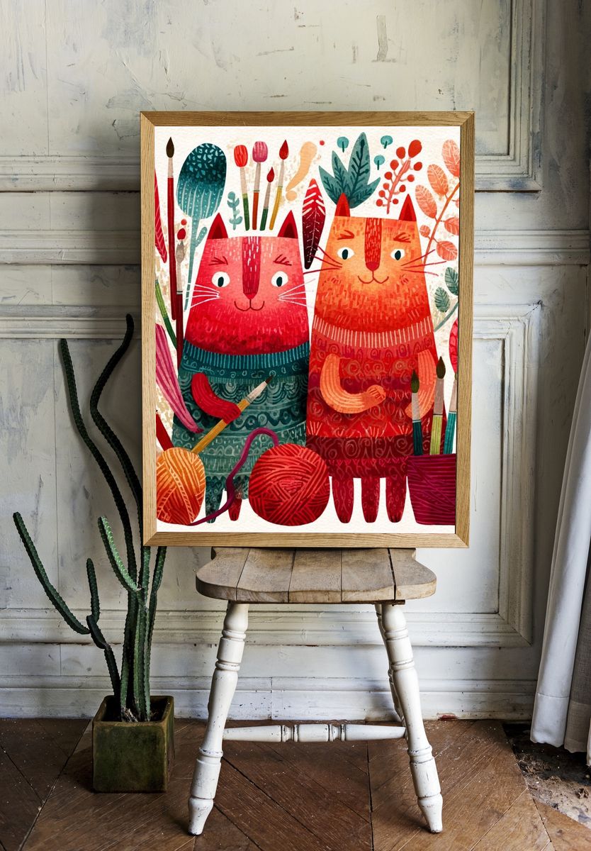 Playful Cats Botanical Illustration Poster. — room view 1