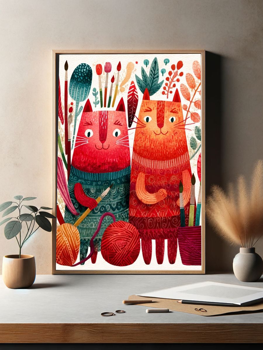 Playful Cats Botanical Illustration Poster. — room view 2