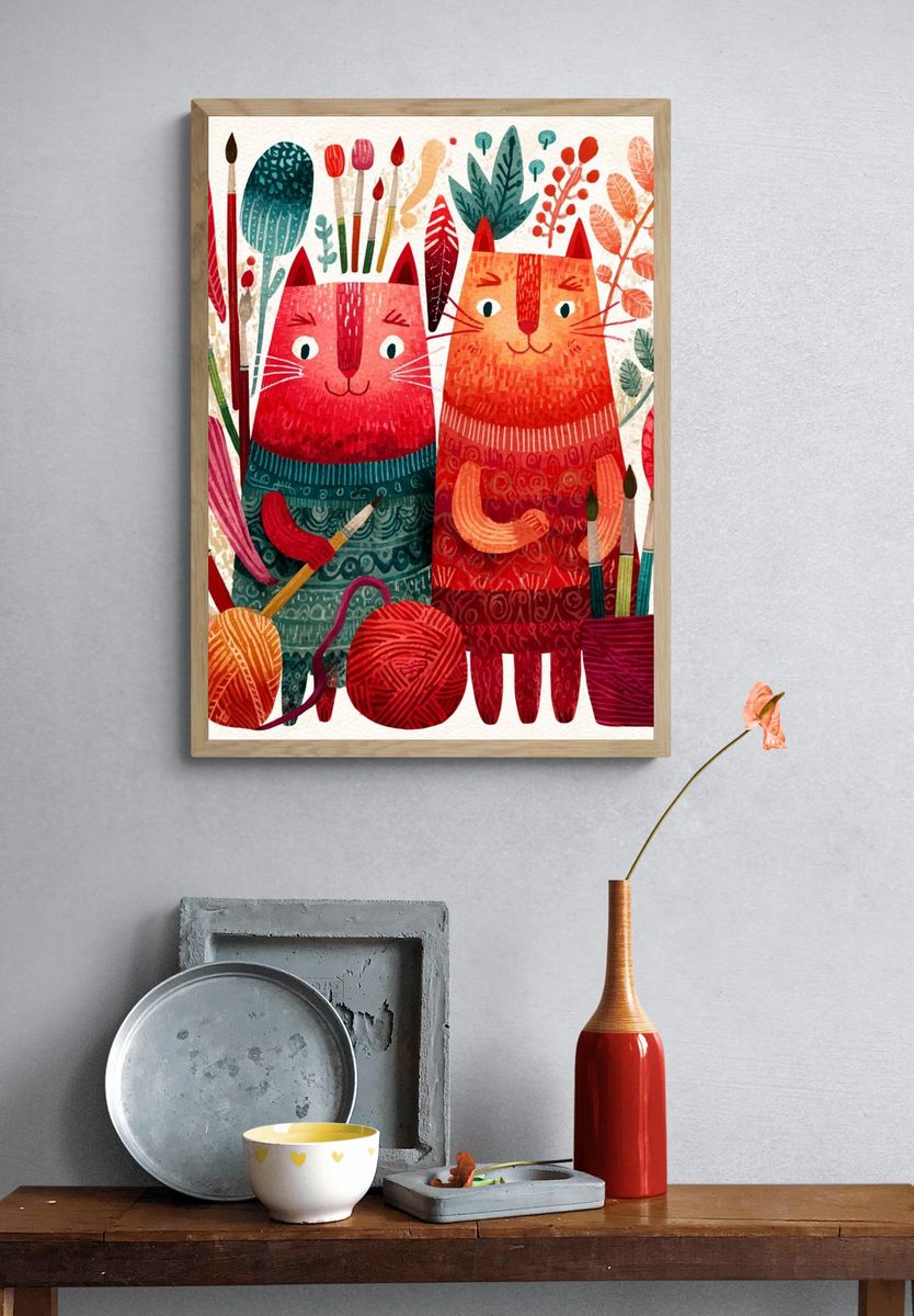 Playful Cats Botanical Illustration Poster. — room view 3
