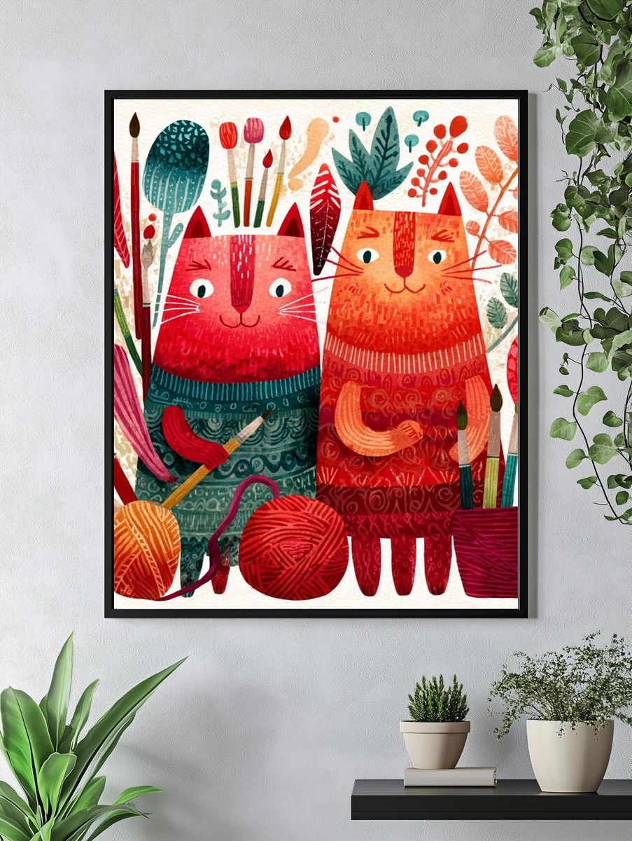 Playful Cats Botanical Illustration Poster. — room view 4