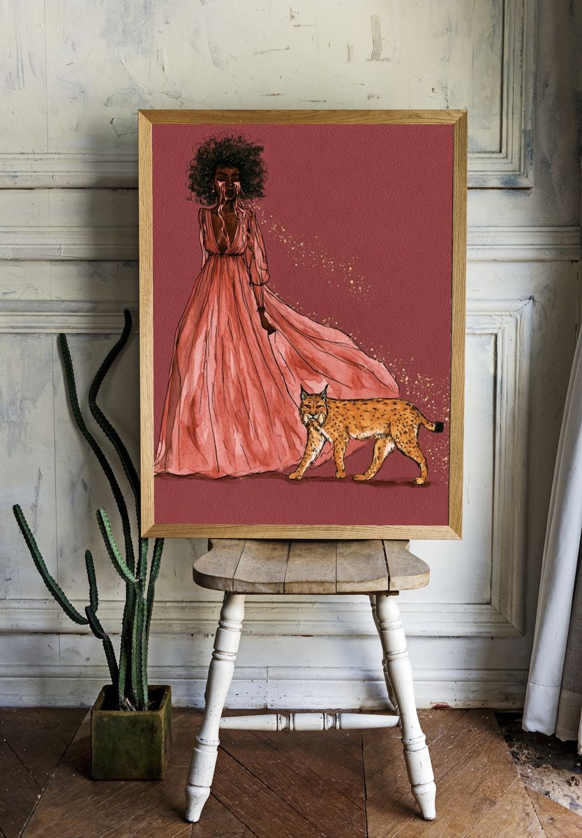 Mystic Woman and Lynx Illustration Poster. room preview