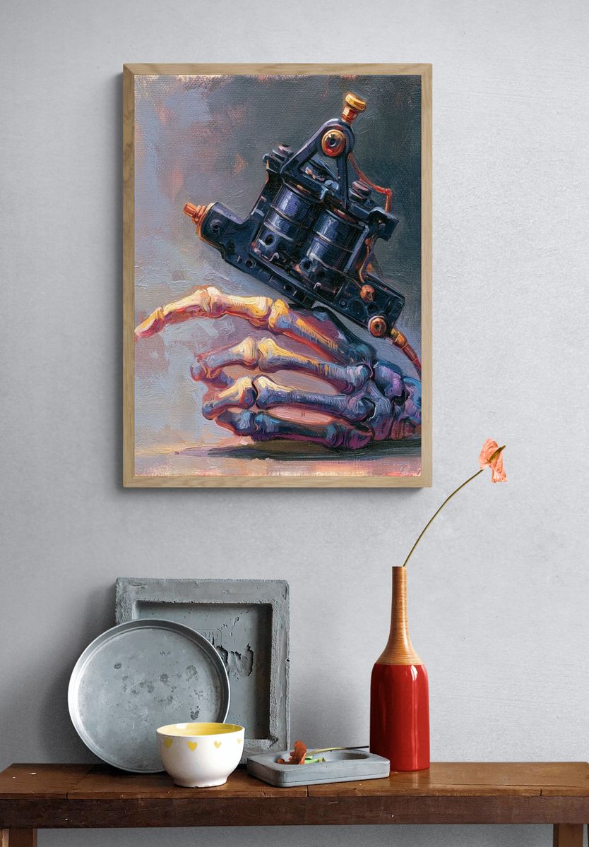 Skeleton Hand Tattoo Machine Poster. — room view 3