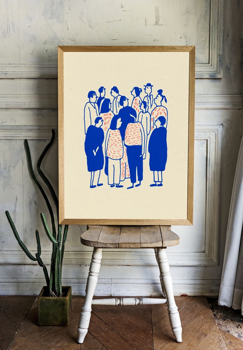 Crowd in Blue Illustration Poster. — room view 1