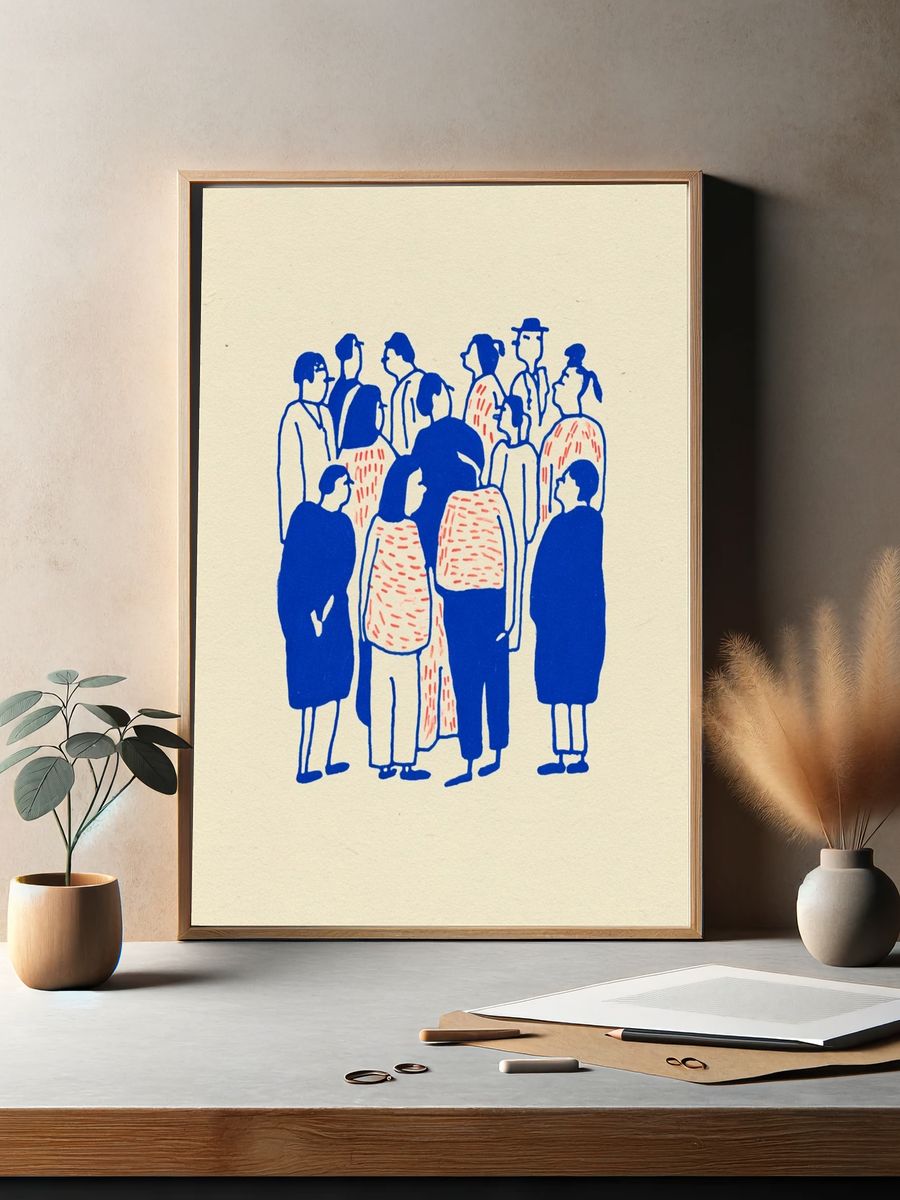 Crowd in Blue Illustration Poster. — room view 2