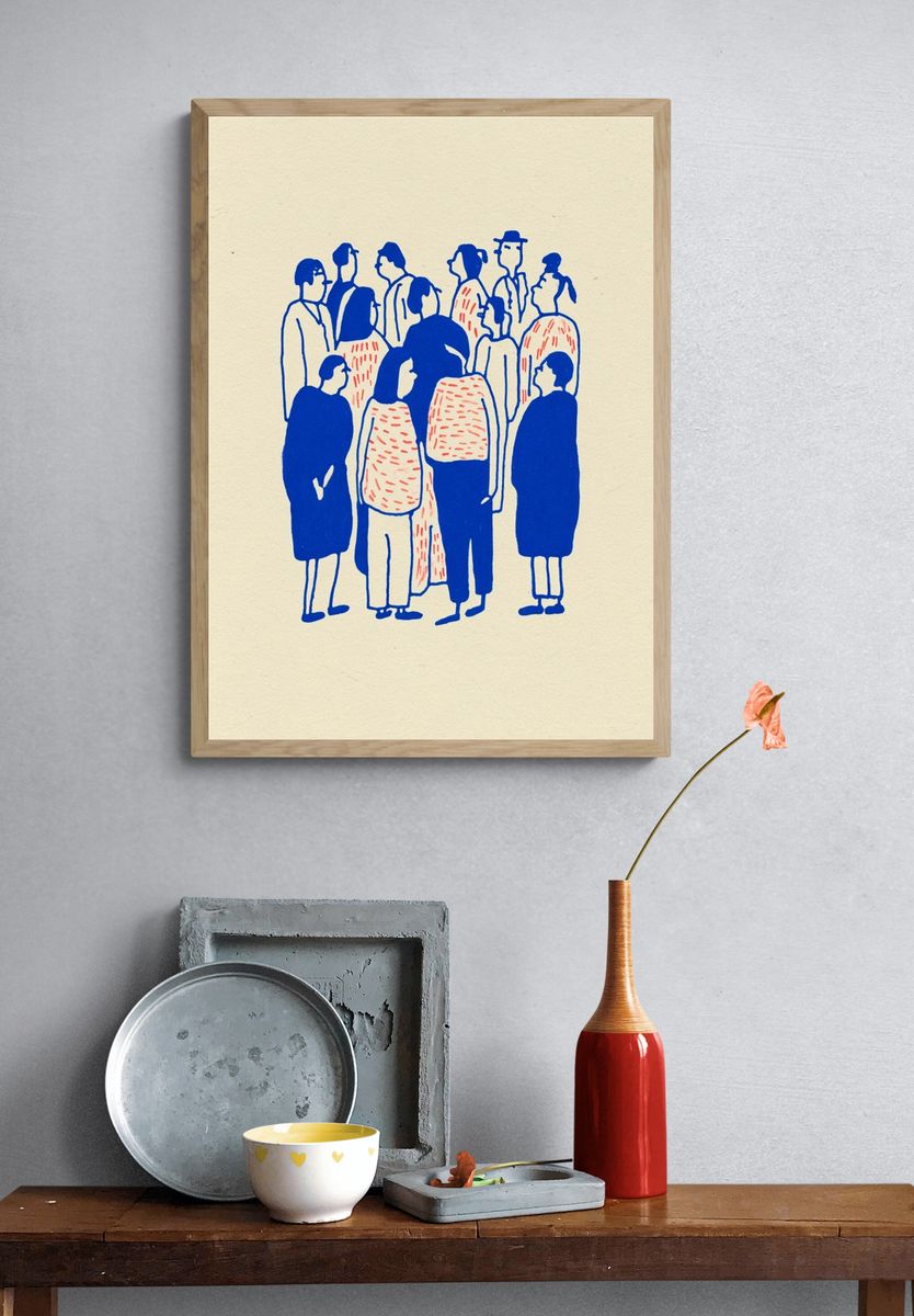 Crowd in Blue Illustration Poster. — room view 3